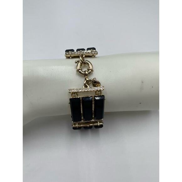 J. CREW Black Triple Row Lucite Rhinestone Brass Statement Bracelet - Picture 4 of 13